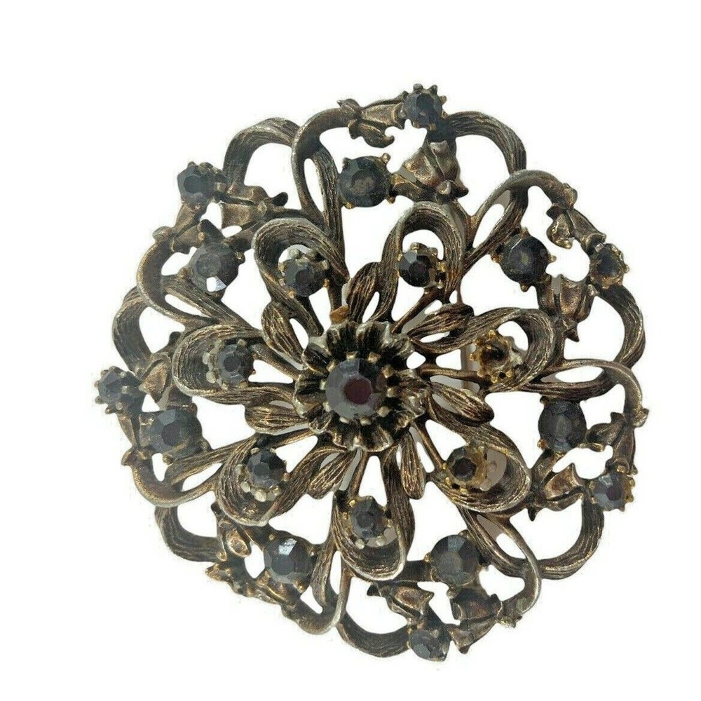 Vintage Flower Brooch Pin. Black Glass Stones